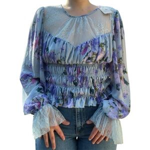 NWT Free People Light Blue Sheer Floral Blouse With Lace Detailing